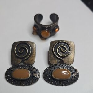 Unique MCM Modernist / Brutalist Vintage Bronze Earrings and Ring Set
